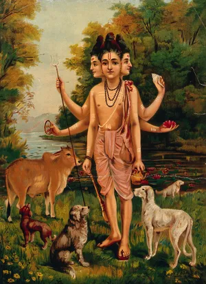 Chromolithograph of the god Dattatreya by Raja Ravi Varma