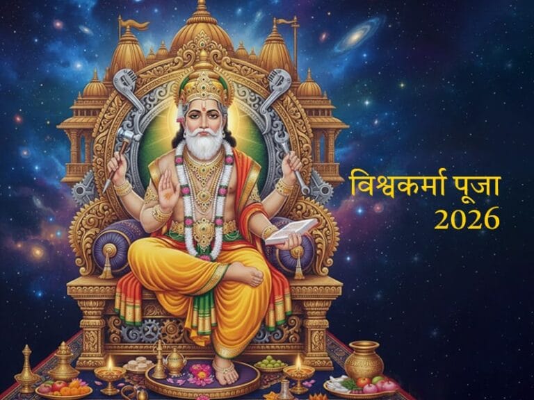 Happy Vishwakarma Puja 2026 wishes with Lord Vishwakarma idol and worship of tools and machinery