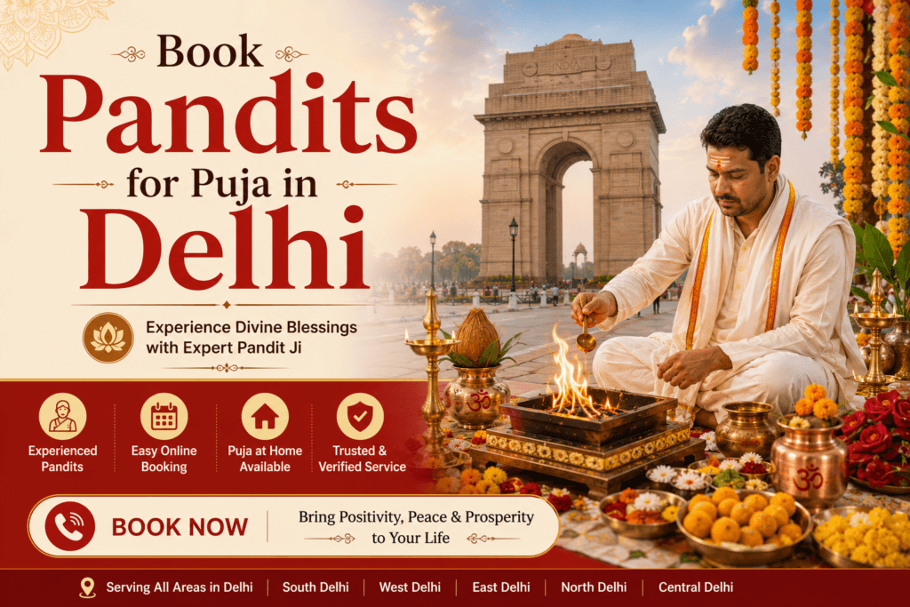 Book Pandits for puja in Delhi 5 Hindu pandit performing a sacred havan ritual near India Gate in Delhi with traditional puja items, flowers, brass diyas, and spiritual decorations in a red and gold themed promotional banner