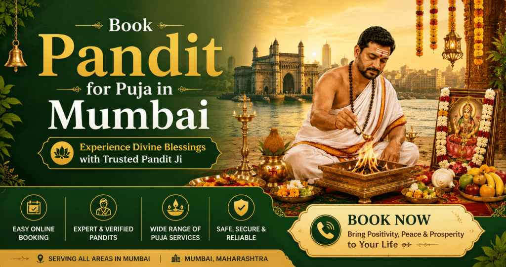 Traditional Hindu pandit performing a sacred havan ritual near the Gateway of India in Mumbai with golden spiritual decor, puja setup, flowers, diyas, and devotional elements in a cinematic banner design.