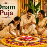 Family performing traditional Onam Puja at home with Lord Vamana and Lord Vishnu idols, floral Pookalam, oil lamps, and a Vedic priest during the Onam festival.